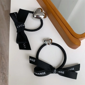 Women Korean Style Ribbon Bow Hair Tie With Silver Alloy Heart Pendant Lucky Letter Print Elastic Hair Band Ponytail Holder