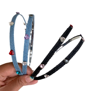 French vintage double-strand denim headband set with colorful heart rhinestones