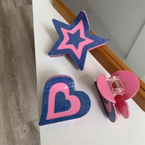 Pinces à Cheveux Y2K Texture Denim Acétate Étoile Cœur Contraste Rose Bleu Pinces à Cheveux Requin Pour Femmes Accessoires Mode