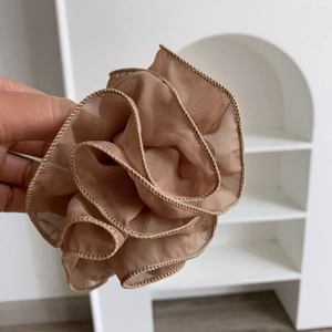 Elegant earth-tone organza flower hair claw clip with pleated mesh ruffles