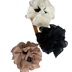 Elegant ruffled mesh flower hair claws in cream, black and brown for women