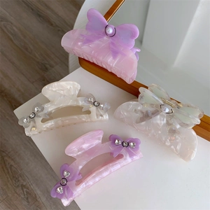 Korean Acetate Marble Texture Bowknot Hair Claw Clip For Women Elegant Faux Artificial Pearl Rhinestone Sweet Hair Accessory Hairpin
