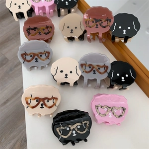 Détails de pinces à cheveux en acétate en forme de chien avec lunettes en cœur