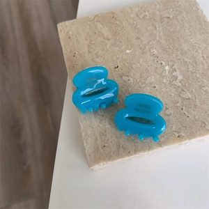 Gros plan de petites pinces à cheveux en acétate bleu avec lettrage doré France Handmade