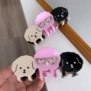 Détails de pinces à cheveux chien mignon en rose et crème avec lunettes en cœur