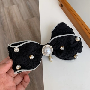 Vintage Fabric Bow Hair Clip With Rhinestone Artificial Pearl Accents Elegant Black Spring Clip For Women Wedding Party Hair Accessories