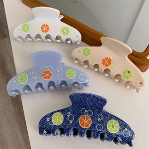 Set of 4 medium acetate hair claws with lemon prints and sparkling rhinestones