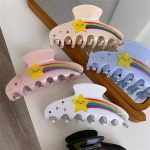 Rainbow star hair claw clip set with glitter acetate and colorful rhinestones