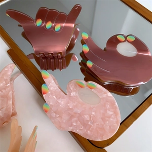 Funny Creative Hand Gesture OK Shaka Acetate Hair Claw Clip For Women Iridescent Rainbow Nail Marble Pattern Large Hair Accessories
