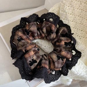Brown plaid bow scrunchie with black lace trim and rabbit pattern for ponytails