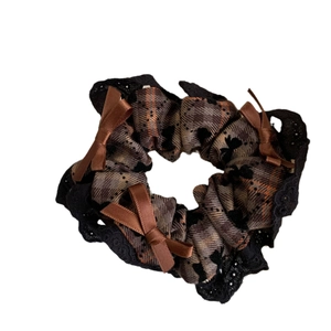 Maillard brown checkered scrunchie with black lace edge and satin bows for women