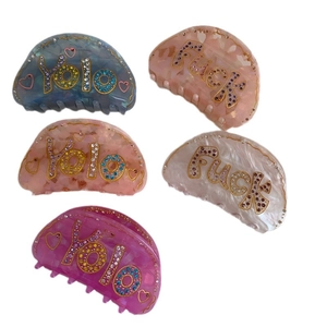 Lot de 5 pinces à cheveux en acétate avec strass colorés et design de lettres YOLO