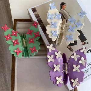 Pince à Cheveux Papillon en Acétate Douce Avec Décoration Florale 3D Strass Grande Accessoires de Cheveux Faits à Main