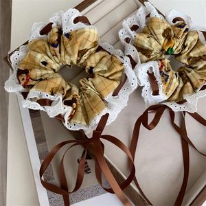 Brown plaid scrunchie with lace trim, cute bear pattern and long silk ribbon