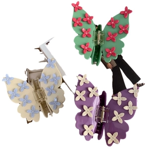 Lot de 3 grandes pinces à cheveux papillon en acétate avec fleurs 3D et détails strass