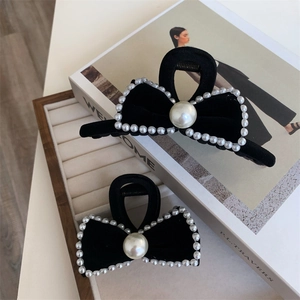Vintage Black Velvet Bow Hair Claw Clip With Artificial Pearl Accents For Women Elegant Large Small Bow Hair Clip Accessories