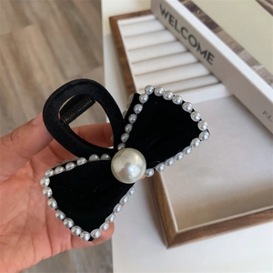 Elegant black velvet bow hair claw clip with pearl trim for women hair accessories