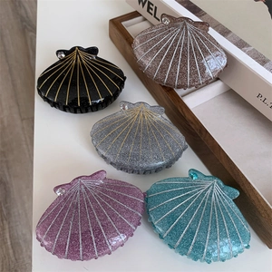 Ocean Style Shell Shaped Acetate Hair Claw For Women Glitter Rhinestone Embellished Shark Clip Handmade Hair Accessories