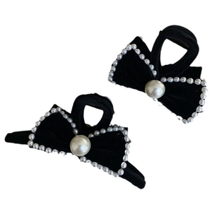 Elegant pair of black velvet bow hair clips with faux pearl trim and vintage French style