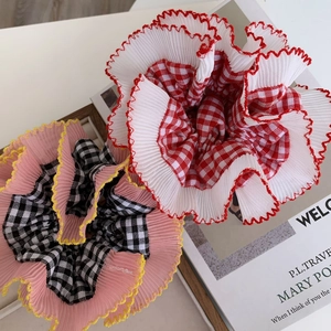 Retro Pleated Gingham Scrunchies For Women Contrast Edge Fabric Hair Ties Large Hair Bands Sweet Style Hair Accessories