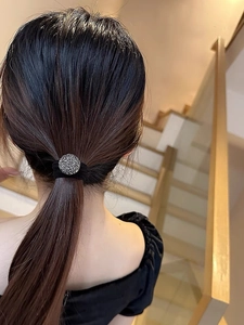 Elastic ponytail holder with sparkling grey rhinestone ball charm for women hairstyles