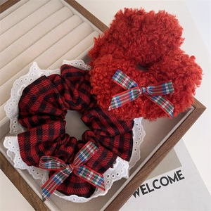 Red Plaid Scrunchies With Bow Soft Teddy Fleece Lace Trim Hair Ties Vintage Sweet Hair Accessories For Women New Year Party