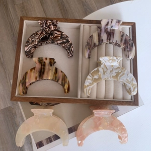Set of 6 large crescent acetate hair claws in marble and tortoiseshell patterns