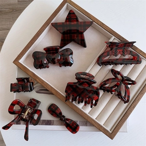 Red plaid acetate hair claw set with star butterfly and heart shapes for women