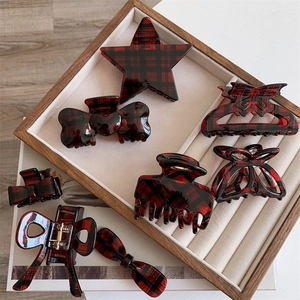 Vintage Red Black Plaid Acetate Hair Claw Clip Bow Knot Butterfly Star Shape Hair Catch For Women College Style Hair Accessories