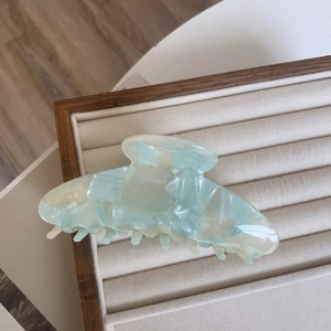 Detailed macro view of large mint green pearlescent acetate hair claw clip in a box