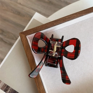 Red plaid bow hair claw clip made of acetate with star shape for preppy style