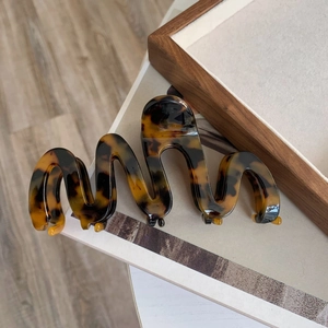 Detailed view of the oversized tortoiseshell acetate hair claw on a magazine