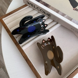 Cute cartoon cat hair claw clip in black and brown acetate, stylish hair accessory for women