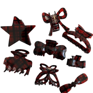 7-piece vintage red plaid hair clip set with star, bow, and heart acetate hair accessories