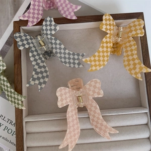 Checkered bow hair claw clip in Morandi colors with long ribbon design for women