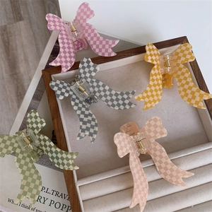 Elegant Bowtie Checkerboard Hair Claw Clip Fresh Sweet Acrylic Plaid Shark Clip For Women Daily Fashion Hair Accessories