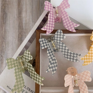 Elegant acrylic bow hair claw clips with macaron checkered pattern for girls