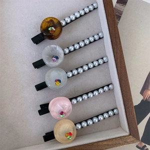 Vintage Resin Button Hair Clip With Artificial Pearl And Rhinestone Geometric Duckbill Clip For Women Hair Accessories