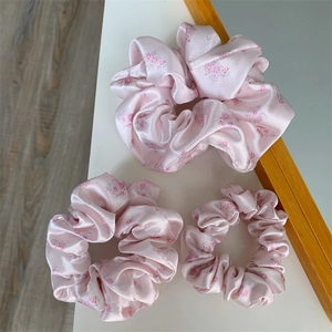 Pink Purple Floral Print Satin Scrunchies For Women Girls Sweet Fresh Fabric Elastic Hair Ties Large Medium Small Hair Band