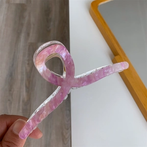 Pink marbled acrylic hair claw clip 13cm for thick hair with gold metal spring