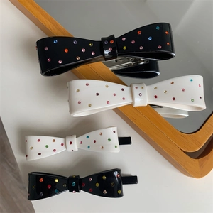 Korean Style Bow Acetate Hair Clip With Colorful Rhinestone Spring Clip Sweet Hair Accessories For Women Black White
