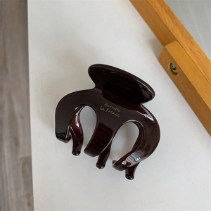Nahaufnahme der braunen Haarspange in Kürbisform mit goldenem Barrette la France Logo