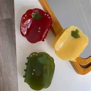 Pinces à cheveux en forme de poivron coloré avec strass brillants en rouge et jaune