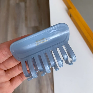 Detailed macro of a light blue acetate hair claw clip with golden Barrette La France text