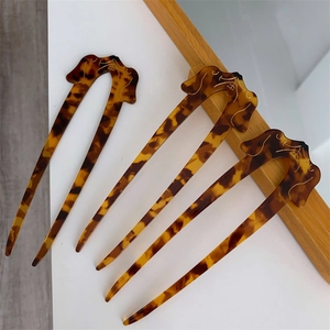 Three-piece set of U-shaped hairpins with amber tortoiseshell and dachshund motifs