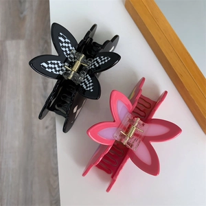 Checkered pattern and pink acetate hair claw clips with elegant rabbit ear design