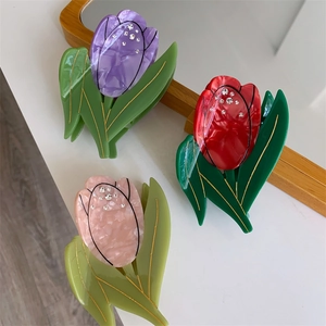 Pince à Cheveux Crabe Tulipe en Acétate Douce Avec Strass Élégante Texture Marbrée Accessoires de Cheveux pour Femmes