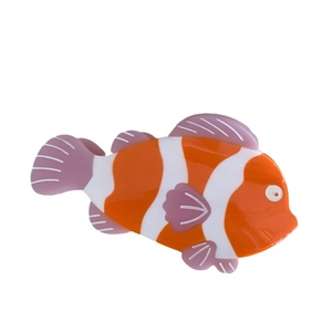 Simpatica molletta per capelli a pesce pagliaccio arancione e bianco in acetato con pinne viola