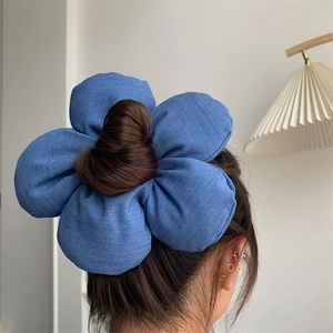 Handmade Denim Fabric Large Flower Scrunchie Exaggerated Blue Floral Elastic Hair Tie For Women Korean Style Hair Accessory