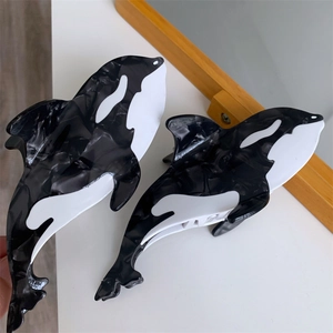 Orca whale shaped hair claws in black and white marble acetate for women accessories